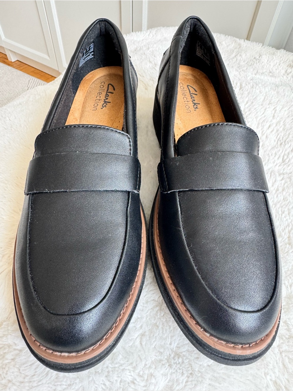 Clarks Black Leather Loafers with Brown Trim
